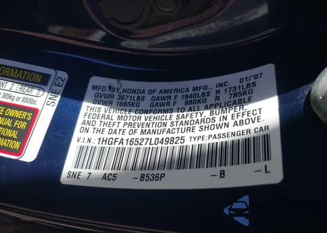 2007 Honda Civic Lx из США, поврежденный, VIN 1HGFA16527L049825